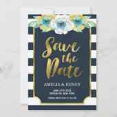 Blue and Faux Gold Floral Save the Date Invitation (Voorkant)