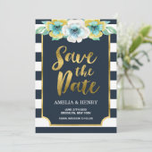 Blue and Faux Gold Floral Save the Date Invitation (Staand voorkant)