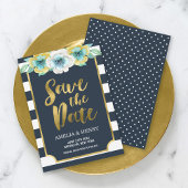 Blue and Faux Gold Floral Save the Date Invitation