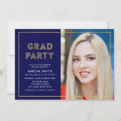 Blue and Faux Gold Geometric Photo Afstudeerder Pa Kaart (Voorkant)