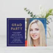 Blue and Faux Gold Geometric Photo Afstudeerder Pa Kaart (Staand voorkant)