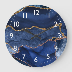 Blue and Faux Gold Glitter Marble Agate Grote Klok