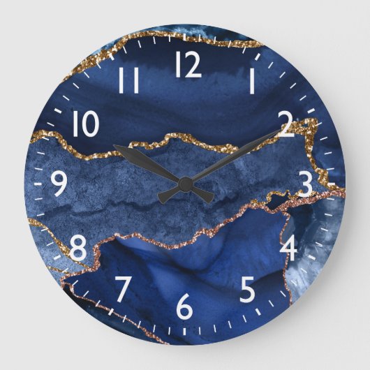 Blue and Faux Gold Glitter Marble Agate Grote Klok (Voorkant)