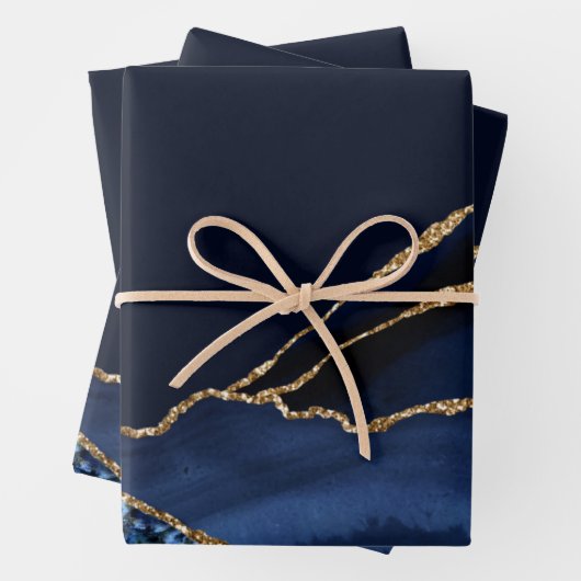 Blue and Faux Gold Glitter Marble Agate Inpakpapier Vel (In situ)