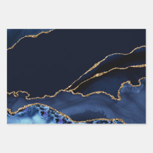 Blue and Faux Gold Glitter Marble Agate Inpakpapier Vel