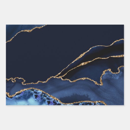 Blue and Faux Gold Glitter Marble Agate Inpakpapier Vel (Voorkant)