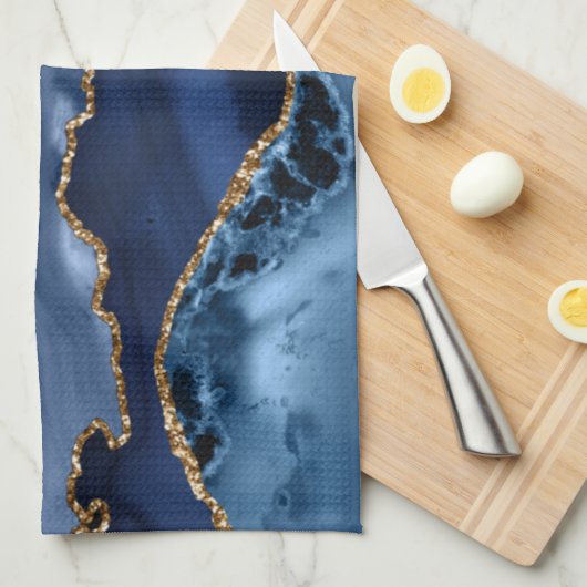 Blue and Faux Gold Glitter Marble Agate Theedoek (Quarter Fold)