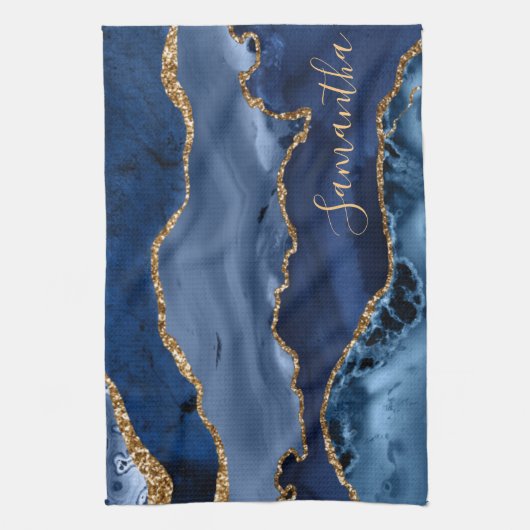 Blue and Faux Gold Glitter Marble Agate Theedoek (Verticaal)