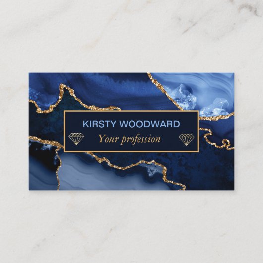Blue and Faux Gold Glitter Marble Agate Visitekaartje (Voorkant)