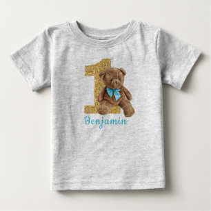Blue and Gold 1st Birthday Teddy Bear Baby T-Shirt