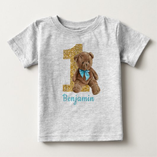 Blue and Gold 1st Birthday Teddy Bear Baby T-Shirt (Voorkant)