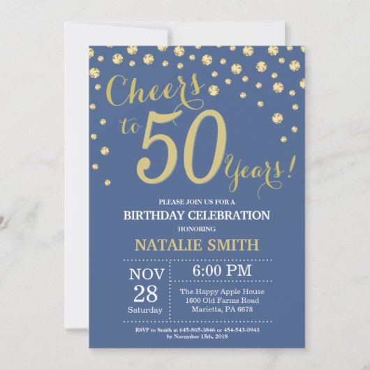 Blue and Gold 50th Birthday Diamond Kaart (Voorkant)