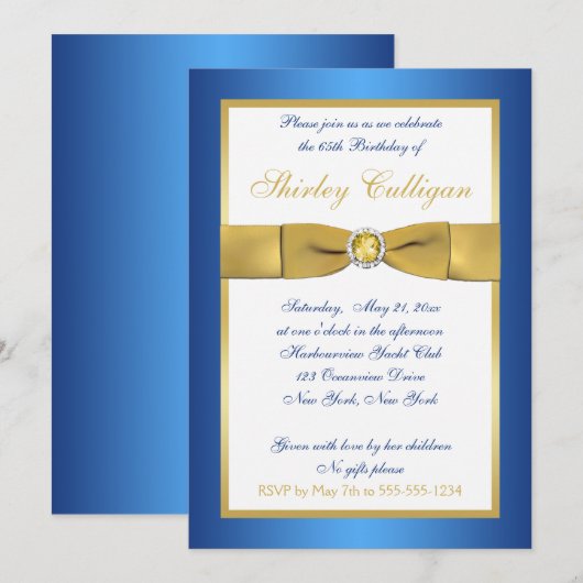Blue and Gold 65th Birthday Invitation Kaart (Voorkant / Achterkant)