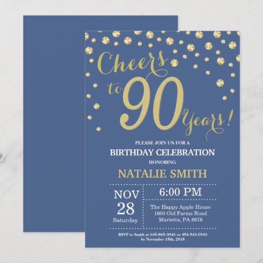 Blue and Gold 90th Birthday Diamond Kaart (Voorkant / Achterkant)