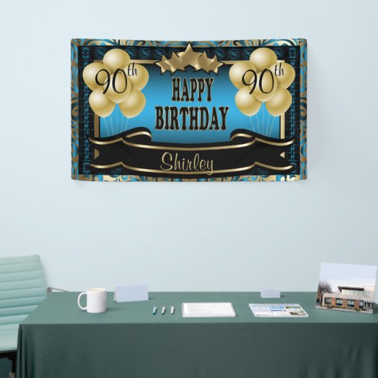 Blue and Gold Abstract Happy 00th Birthday Spandoek (Beurs)