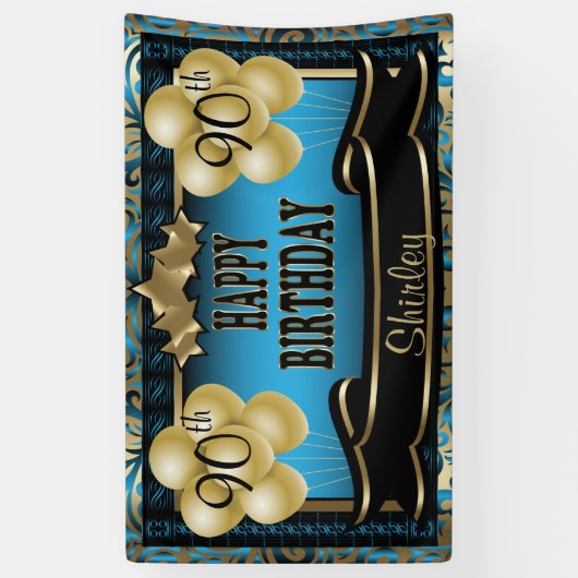 Blue and Gold Abstract Happy 00th Birthday Spandoek (Verticaal)