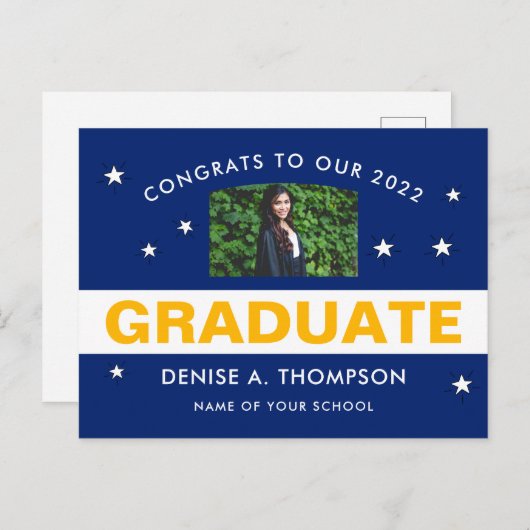 Blue and Gold Afstuderen Photo Congrations Briefkaart (Voorkant / Achterkant)