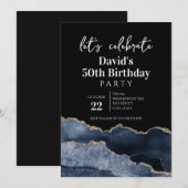 Blue and Gold Agate 50th Birthday Party Kaart (Voorkant / Achterkant)
