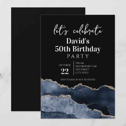 Blue and Gold Agate 50th Birthday Party Kaart (Voorkant / Achterkant)