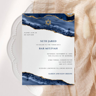 Blue and Gold Agate Border, Bar Mitzvah Kaart