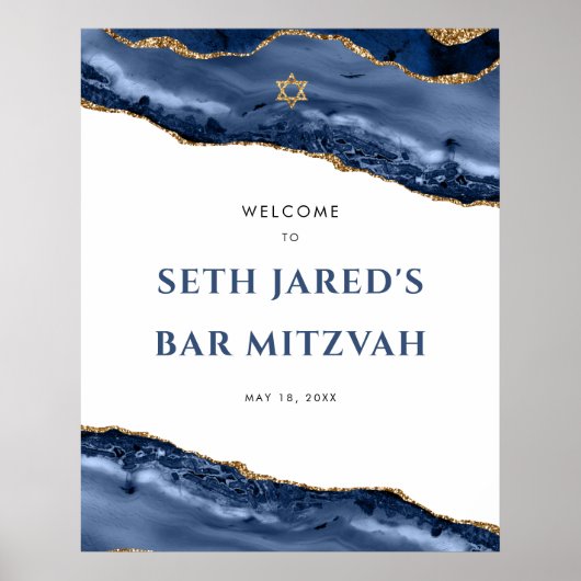 Blue and Gold Agate Border Bar Mitzvah Welcome Pos Poster (Voorkant)