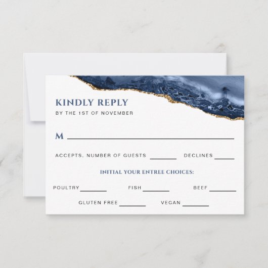 Blue and Gold Agate Geode Wedding Reply Card Kaart (Voorkant)