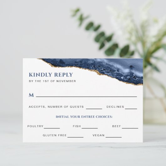 Blue and Gold Agate Geode Wedding Reply Card Kaart (Staand voorkant)