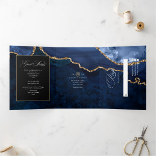 Blue and Gold Agate Wedding Tri-Fold Uitnodiging