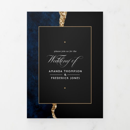 Blue and Gold Agate Wedding Tri-Fold Uitnodiging (Cover)