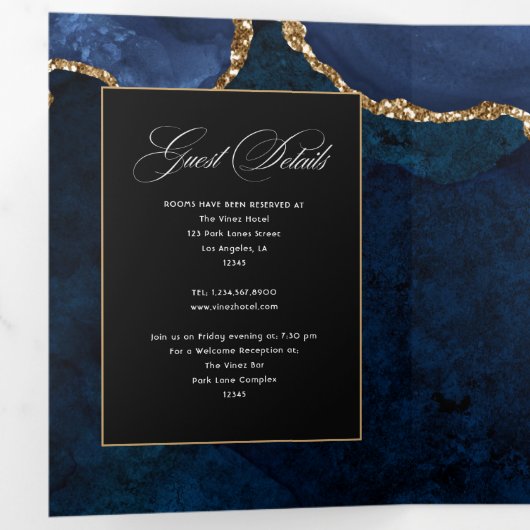 Blue and Gold Agate Wedding Tri-Fold Uitnodiging (Binnenzijde eerst)