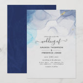 Blue and Gold Alcohol Ink Wedding Invitation Kaart (Voorkant / Achterkant)