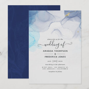 Blue and Gold Alcohol Ink Wedding Invitation Kaart