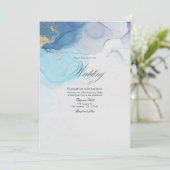 Blue and Gold Alcohol Ink Wedding Invitation Kaart (Staand voorkant)