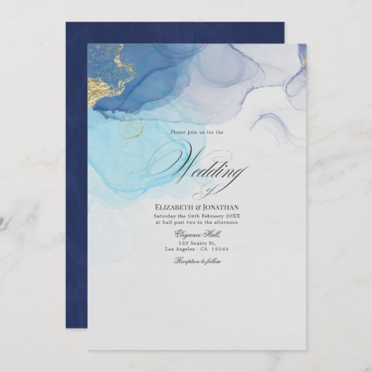 Blue and Gold Alcohol Ink Wedding Invitation Kaart (Voorkant / Achterkant)