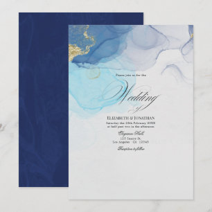 Blue and Gold Alcohol Ink Wedding Invitation Kaart