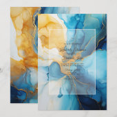 Blue and Gold Alcohol Ink Wedding Kaart (Voorkant / Achterkant)