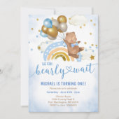 Blue and Gold Balloon Teddy Bear Birthday Party  Kaart (Voorkant)