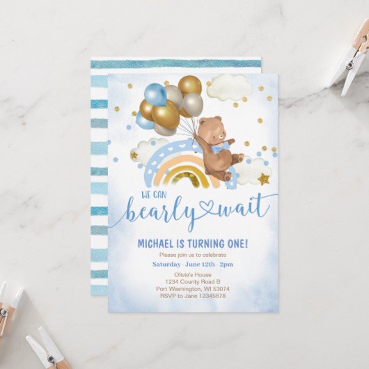 Blue and Gold Balloon Teddy Bear Birthday Party  Kaart (Voorkant / Achterkant in situ)