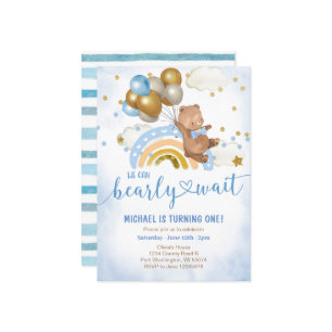 Blue and Gold Balloon Teddy Bear Birthday Party  Kaart