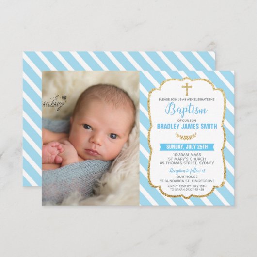 Blue and Gold Baptism Baby Boy Fotouitnodiging Aankondiging (Voorkant / Achterkant)