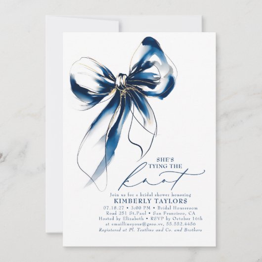 Blue and Gold Bow Elegant Whimsical Bridal Shower Kaart (Voorkant)