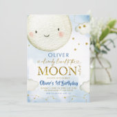 Blue and Gold Boy Cute Moon Birthday Kaart (Staand voorkant)