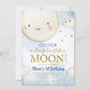 Blue and Gold Boy Cute Moon Birthday Kaart