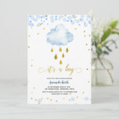 Blue and Gold Boy Rainchard Baby shower Invitation Kaart (Staand voorkant)
