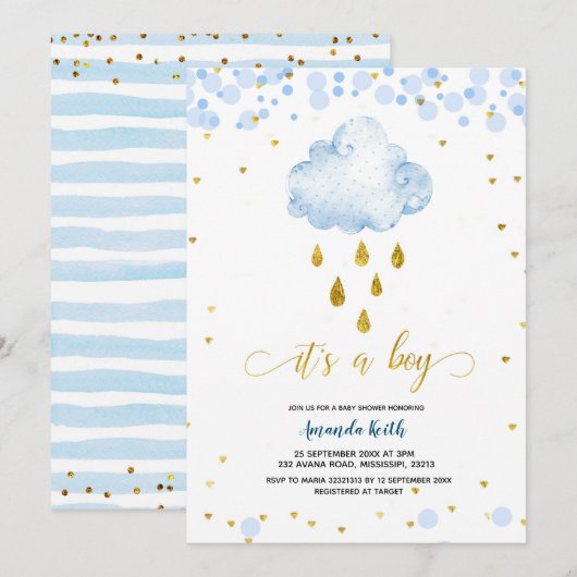 Blue and Gold Boy Rainchard Baby shower Invitation Kaart (Voorkant / Achterkant)