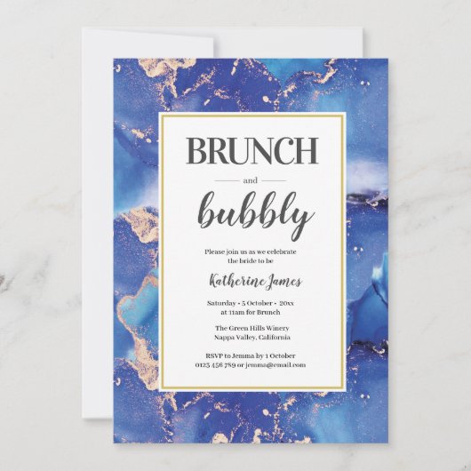 Blue and Gold Brunch & Bubble Invitation Kaart (Voorkant)