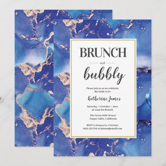 Blue and Gold Brunch & Bubble Invitation Kaart (Voorkant / Achterkant)
