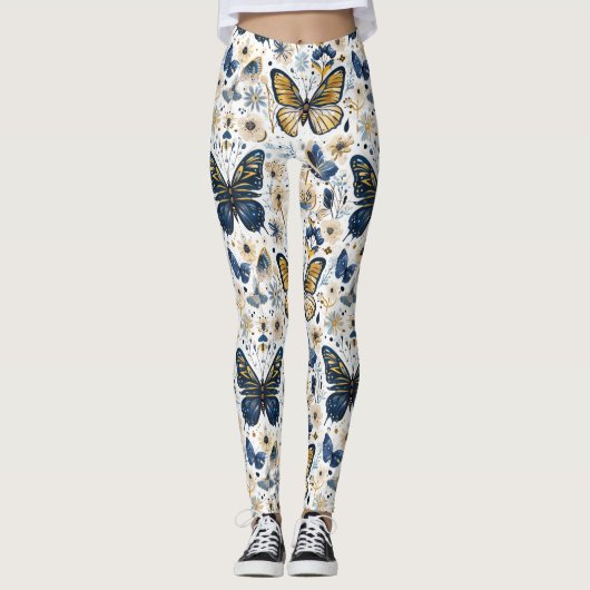 Blue and Gold Butterfly Floral Women’s Leggings (Voorkant)