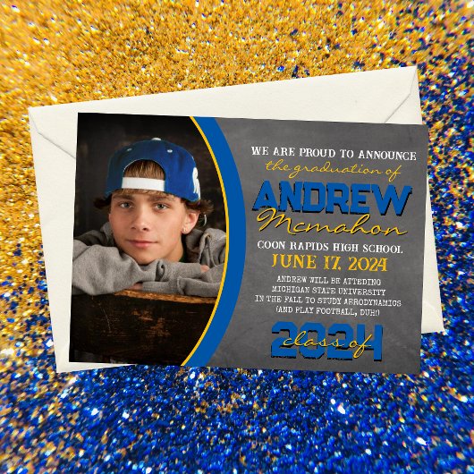 Blue and Gold Chalkboard Afstuderen Aankondiging