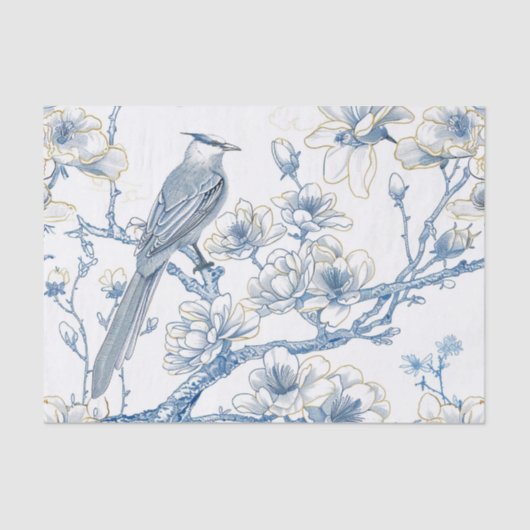 Blue and Gold Chinoiserie French-Toile Bird Tissuepapier (Voorkant)